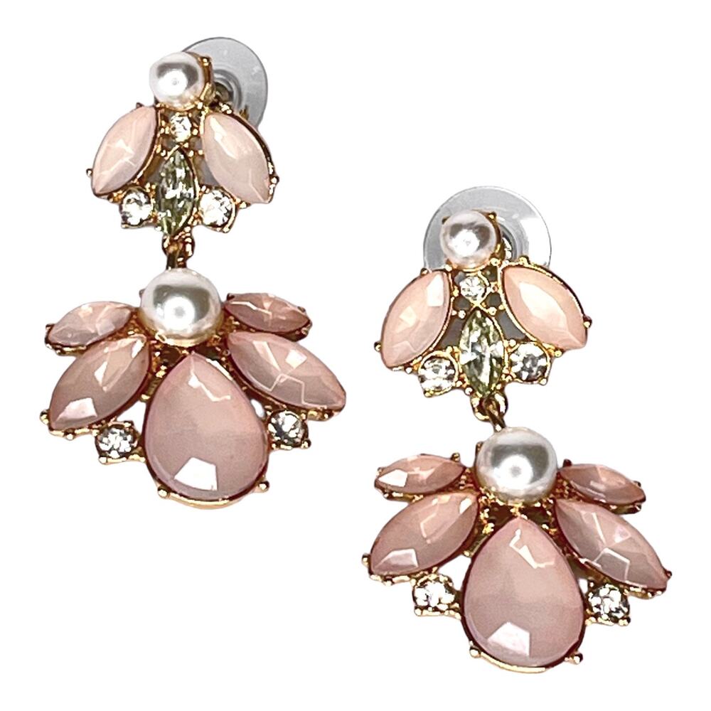 Pink Stone & Faux Pearl DBL BUMBLE BEE DANGLE EARRINGS Glass Stones Post Studs